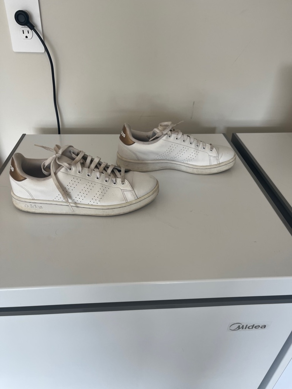 Women’s White Leather Sneakers with Tan Heel Accent